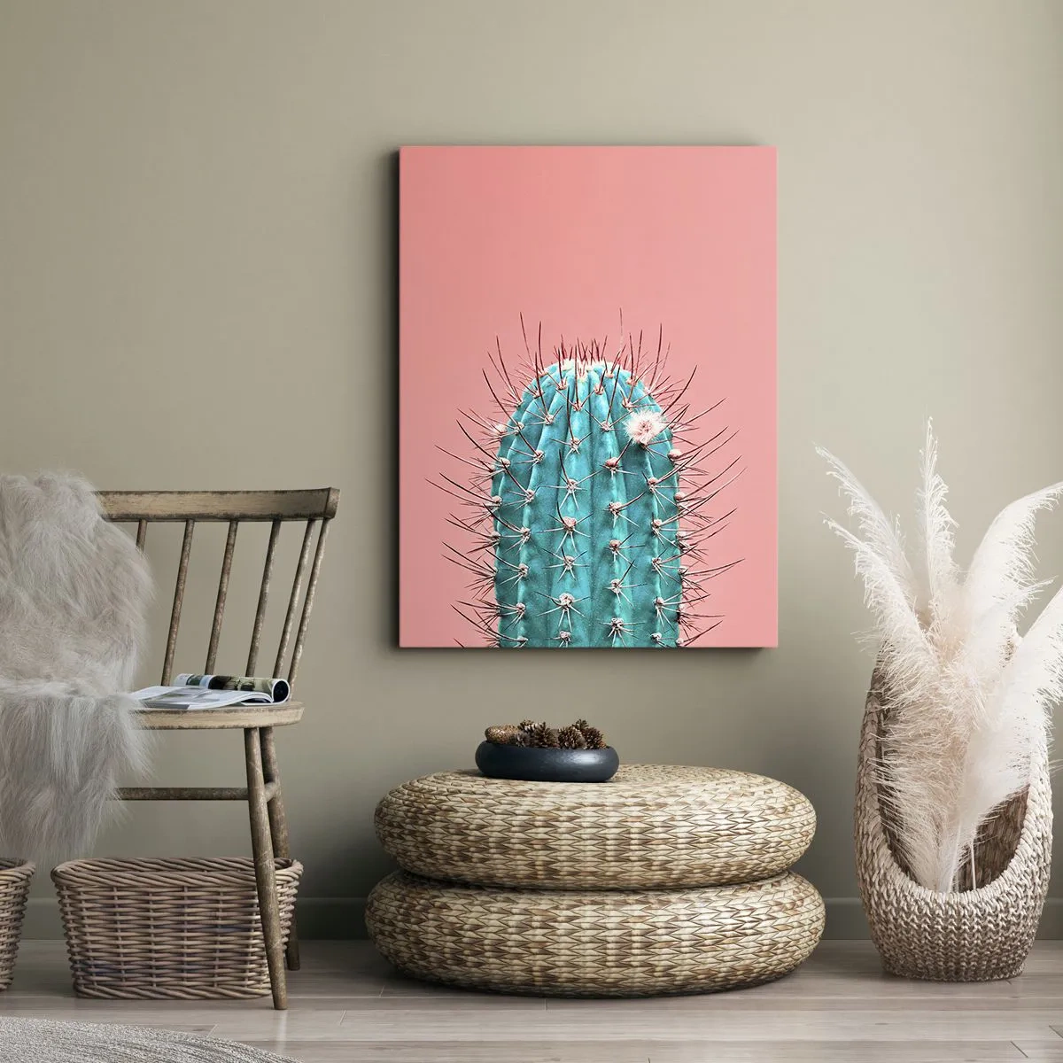 Quadro su tela - Stampe su Tela - Un'interpretazione artistica di un cactus su uno sfondo rosa - 50x70cm - Stai attento - Decorazione murale moderna per soggiorno e camera da letto ARTTOR