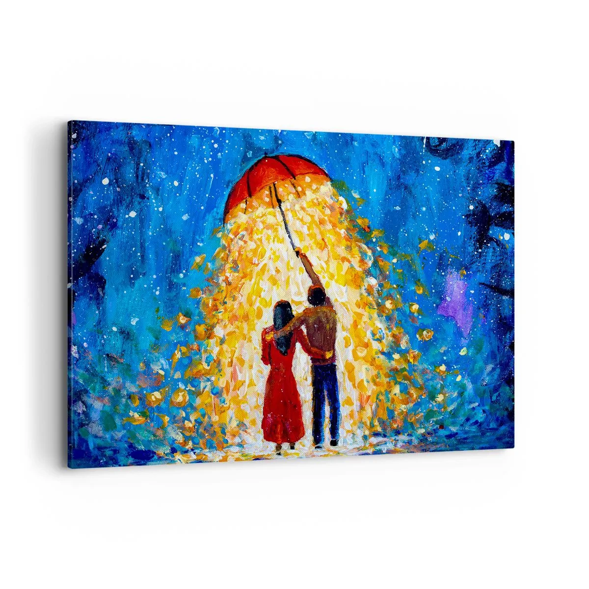 Quadro su tela - Stampe su Tela - Una coppia sotto un ombrello rosso sotto la pioggia luminosa - 100x70cm - La magia di una sera piovosa? - Decorazione murale moderna per soggiorno e camera da letto ARTTOR
