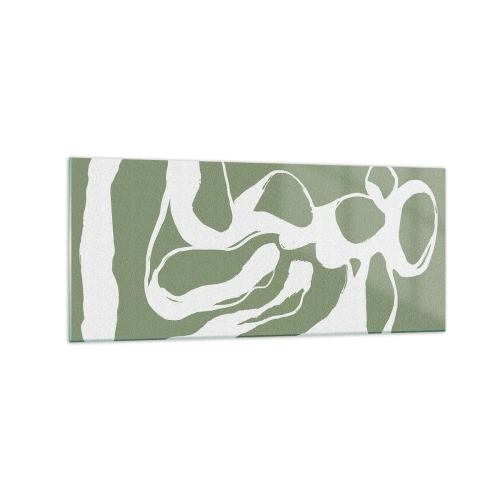 Quadro su vetro - Forme organiche in bianco su sfondo verde - 120x50cm - Il richiamo dello spazio - Decorazione murale moderna per soggiorno e camera da letto ARTTOR