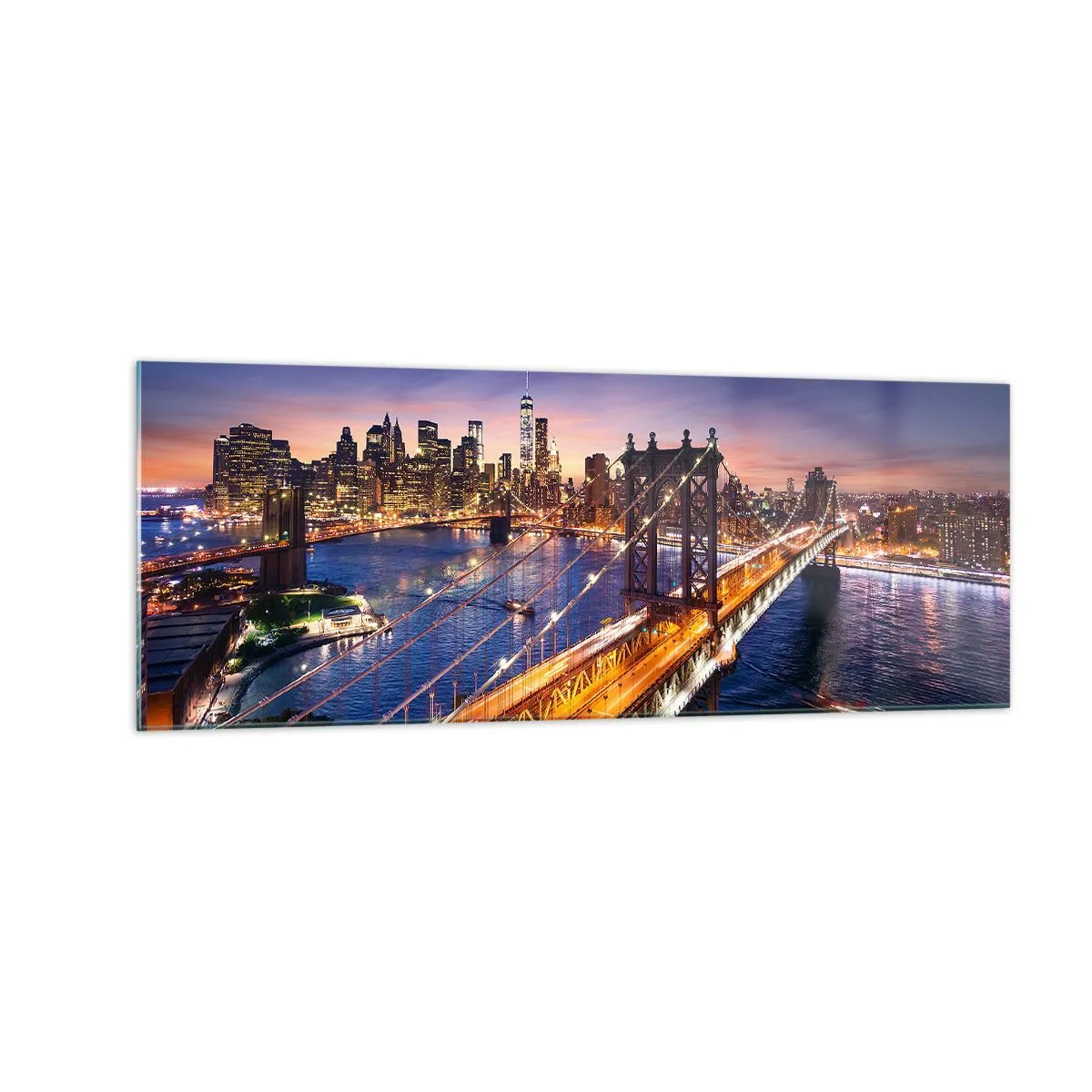 Quadro su vetro - Il ponte e il panorama della città al tramonto - 140x50cm - Il ponte luminoso fino al cuore della città - Decorazione murale moderna per soggiorno e camera da letto ARTTOR