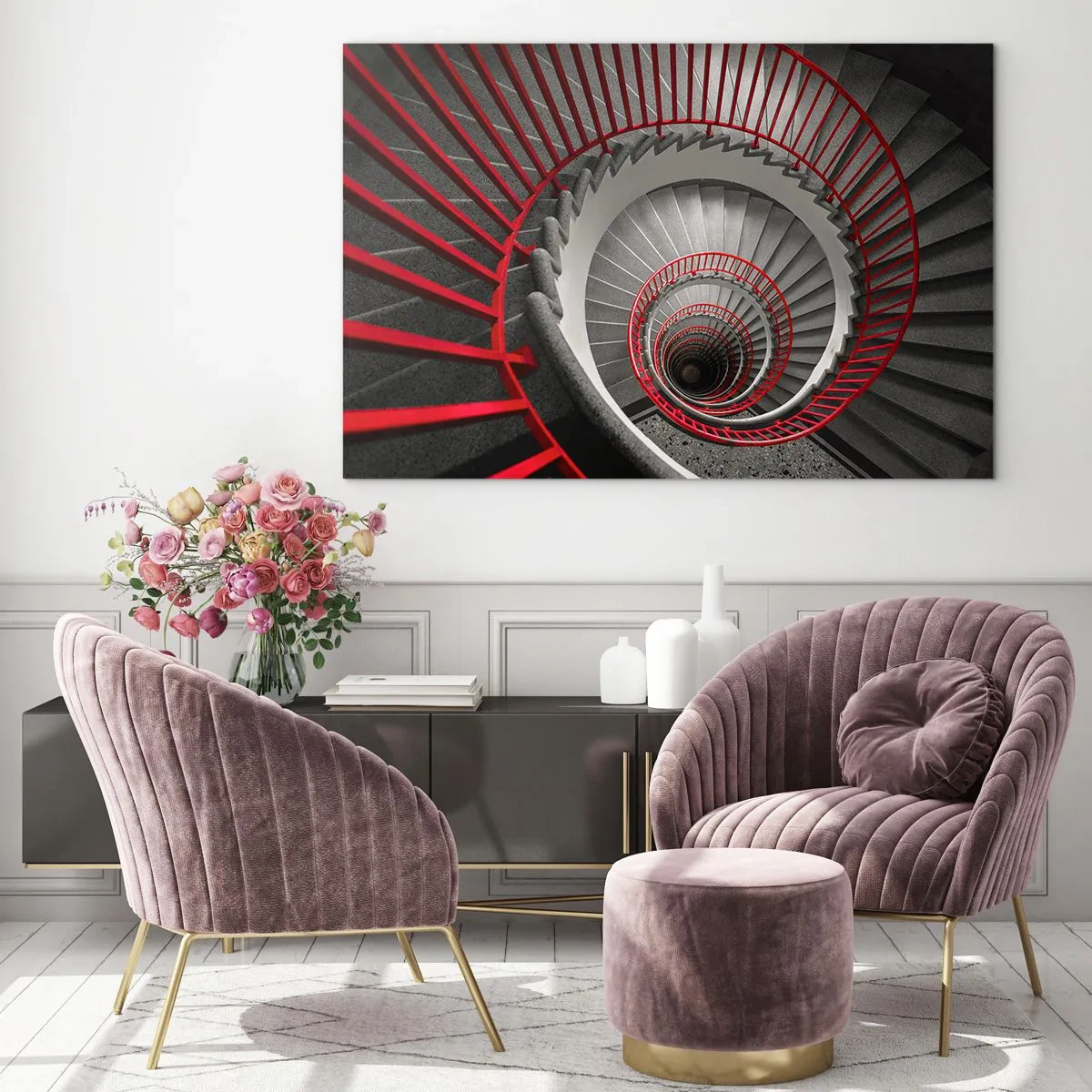 Quadro su vetro - Scala a chiocciola con corrimano rossi in prospettiva - 70x50cm - I giochi dell'architettura - Decorazione murale moderna per soggiorno e camera da letto ARTTOR