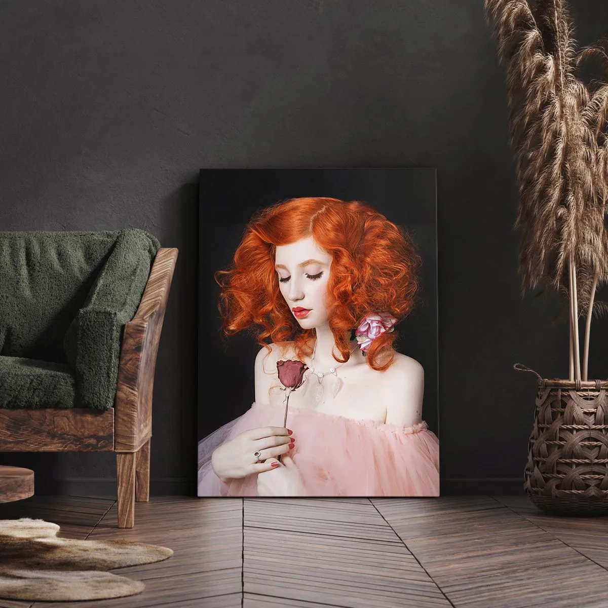 Quadro su tela - Stampe su Tela - Una donna con i capelli rossi che tiene una rosa - 50x70cm - In stile barocco - Decorazione murale moderna per soggiorno e camera da letto ARTTOR