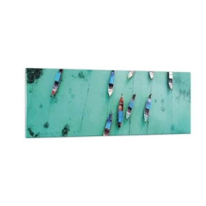 Quadro su vetro - Una vista a volo d'uccello delle barche sull'acqua turchese - 140x50cm - In gioiosa attesa - Decorazione murale moderna per soggiorno e camera da letto ARTTOR