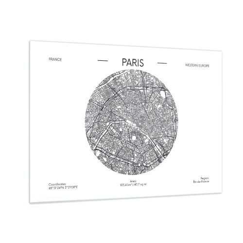Quadro su vetro - Una mappa circolare di Parigi in illustrazione in bianco e nero - 70x50cm - Anatomia di Parigi - Decorazione murale moderna per soggiorno e camera da letto ARTTOR