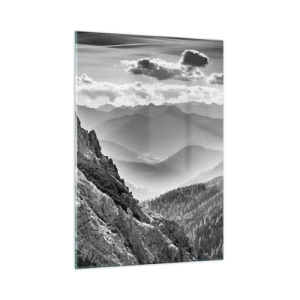 Quadro su vetro - Panorama montano in bianco e nero con vista sulla valle - 50x70cm - Fino all'orizzonte - Decorazione murale moderna per soggiorno e camera da letto ARTTOR