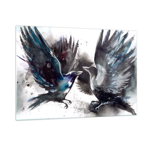 Quadro su vetro - Due corvi in posa dinamica con le ali spiegate - 120x80cm - Corvi imperiali - Decorazione murale moderna per soggiorno e camera da letto ARTTOR
