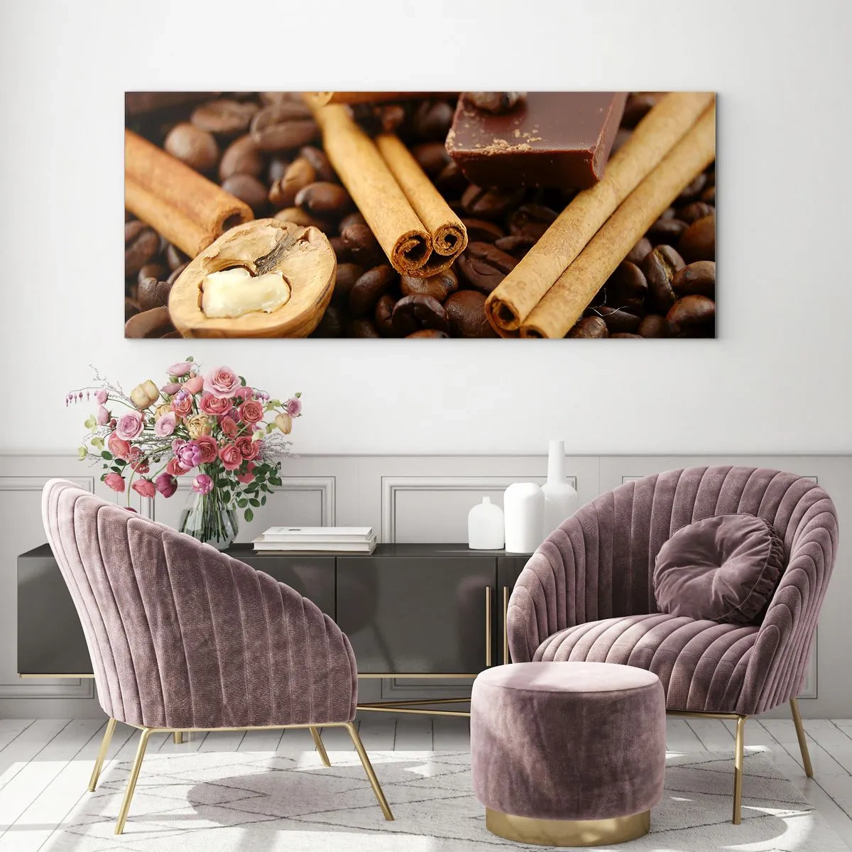 Quadro su vetro - Chicchi di caffè con bastoncini di cannella, cioccolato e noci. - 160x50cm - Concerto di sapori - Decorazione murale moderna per soggiorno e camera da letto ARTTOR