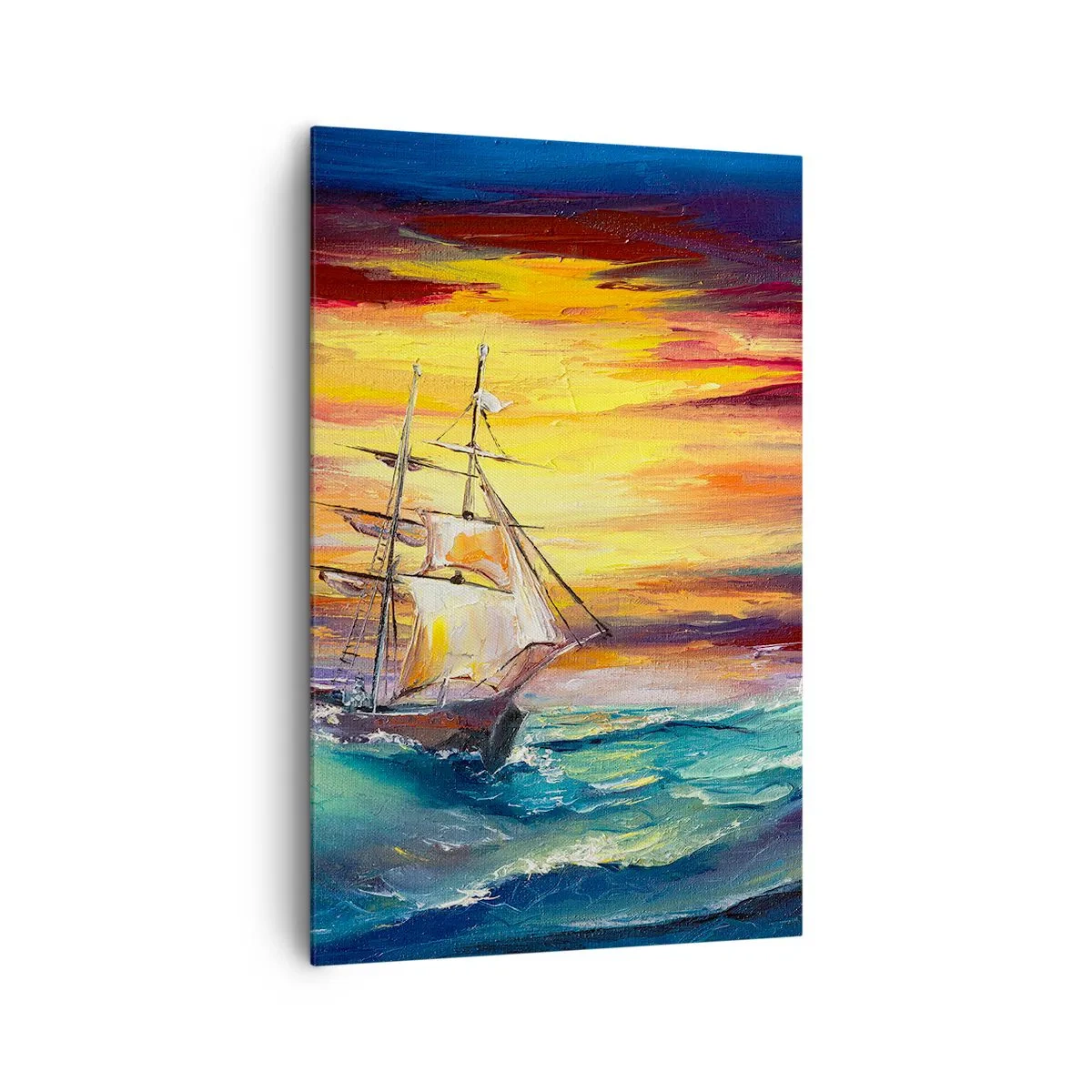 Quadro su tela - Stampe su Tela - Una nave a vela sullo sfondo di un tramonto colorato - 80x120cm - Temerari sulle onde - Decorazione murale moderna per soggiorno e camera da letto ARTTOR