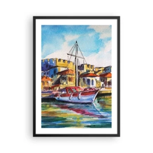 Poster in cornice nera - Un dipinto ad acquerello colorato di uno yacht in una città di mare - 50x70cm - Un colorato pomeriggio - Decorazione murale moderna per soggiorno e camera da letto ARTTOR