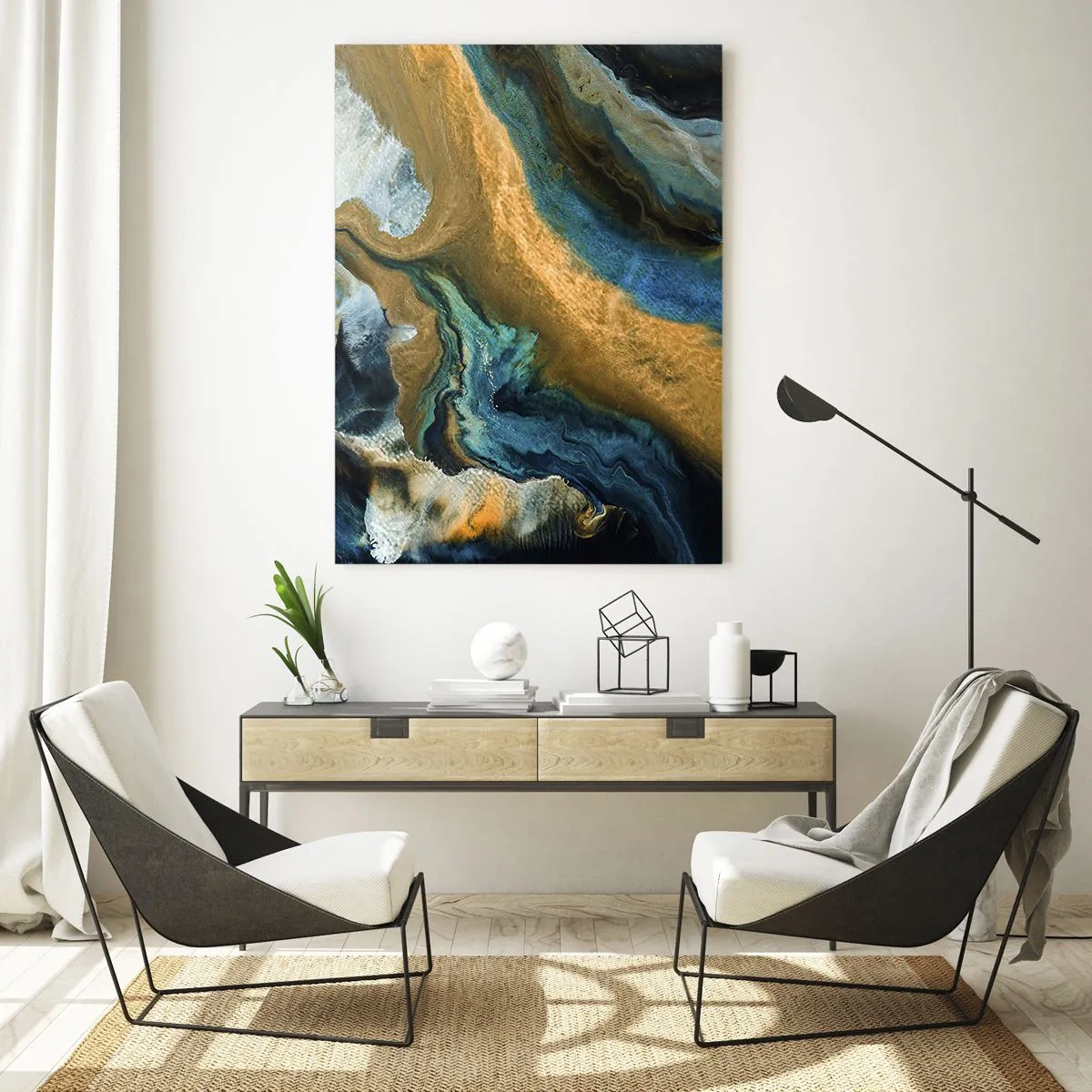 Quadro su vetro - Onde astratte nei toni dell'oro e del blu - 70x100cm - Blu-oro: influenza reciproca - Decorazione murale moderna per soggiorno e camera da letto ARTTOR