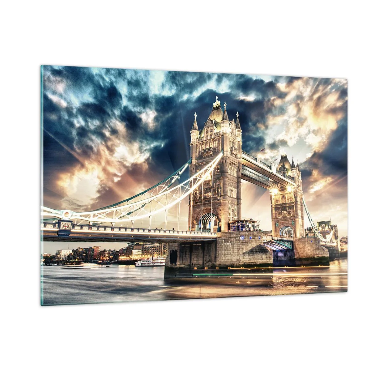 Quadro su vetro - Il Tower Bridge di Londra contro un cielo spettacolare - 120x80cm - Il monumento dell'impero britannico - Decorazione murale moderna per soggiorno e camera da letto ARTTOR