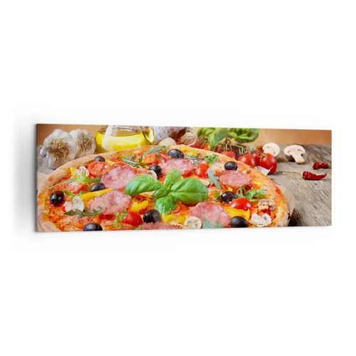 Quadro su tela - Stampe su Tela - Pizza appetitosa su un tavolo di legno con condimenti - 160x50cm - Con gusto veramente italiano - Decorazione murale moderna per soggiorno e camera da letto ARTTOR