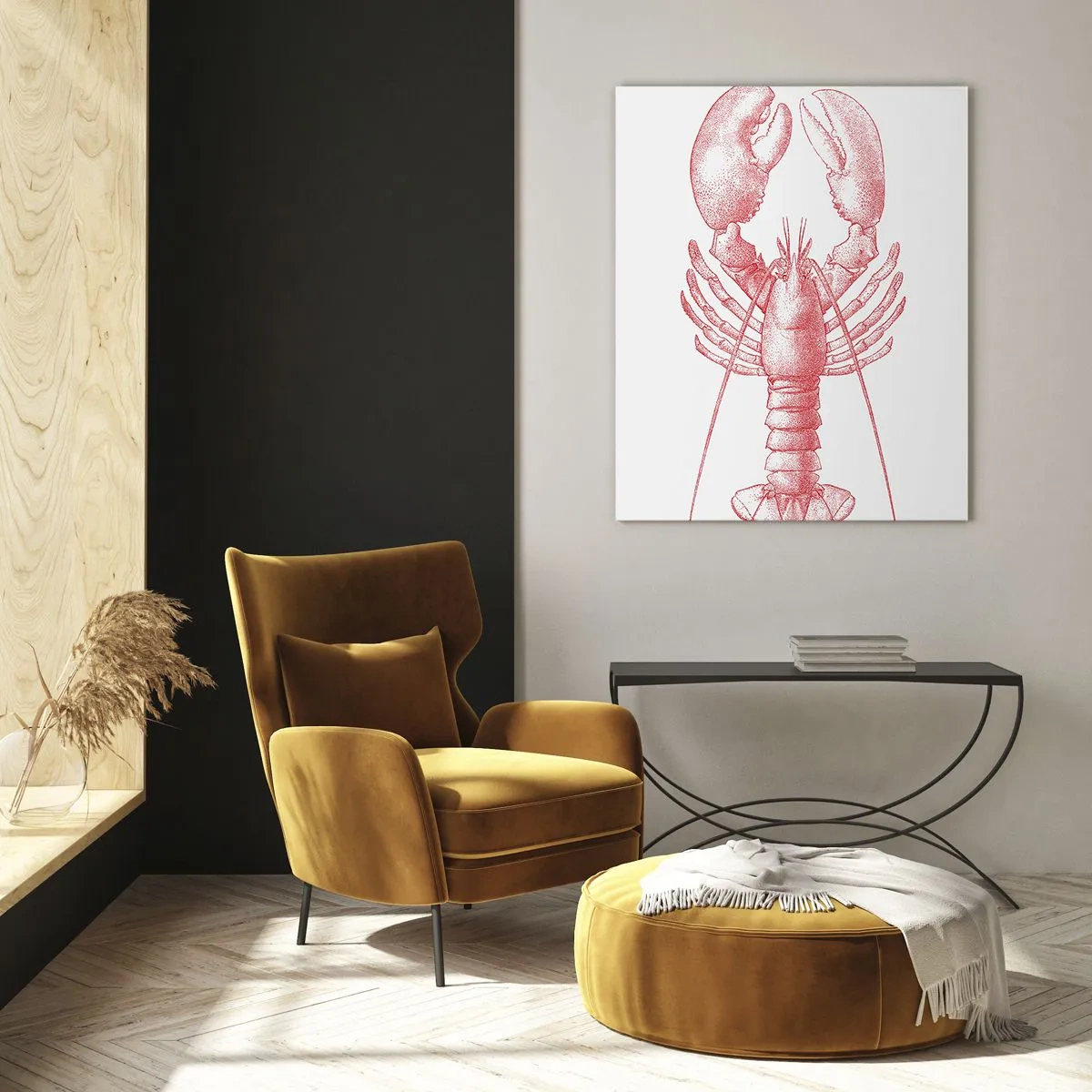 Quadro su vetro - Disegno di un'aragosta in tonalità rossa - 70x100cm - Aragosta d'agosto - Decorazione murale moderna per soggiorno e camera da letto ARTTOR