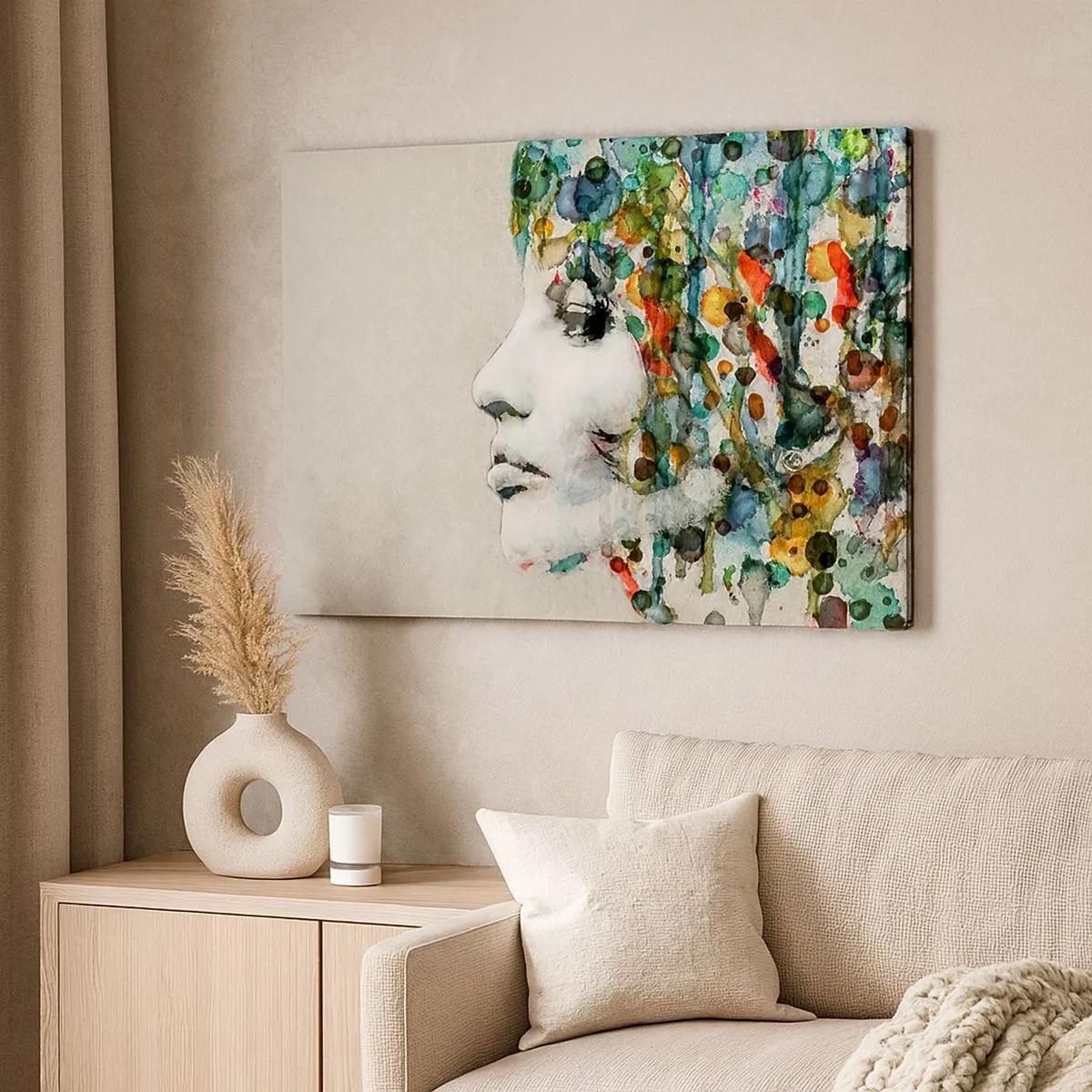 Quadro su tela - Stampe su Tela - Profilo di una donna in colori acquerellati con uno sfondo astratto - 70x50cm - Emersa dal grigio - Decorazione murale moderna per soggiorno e camera da letto ARTTOR