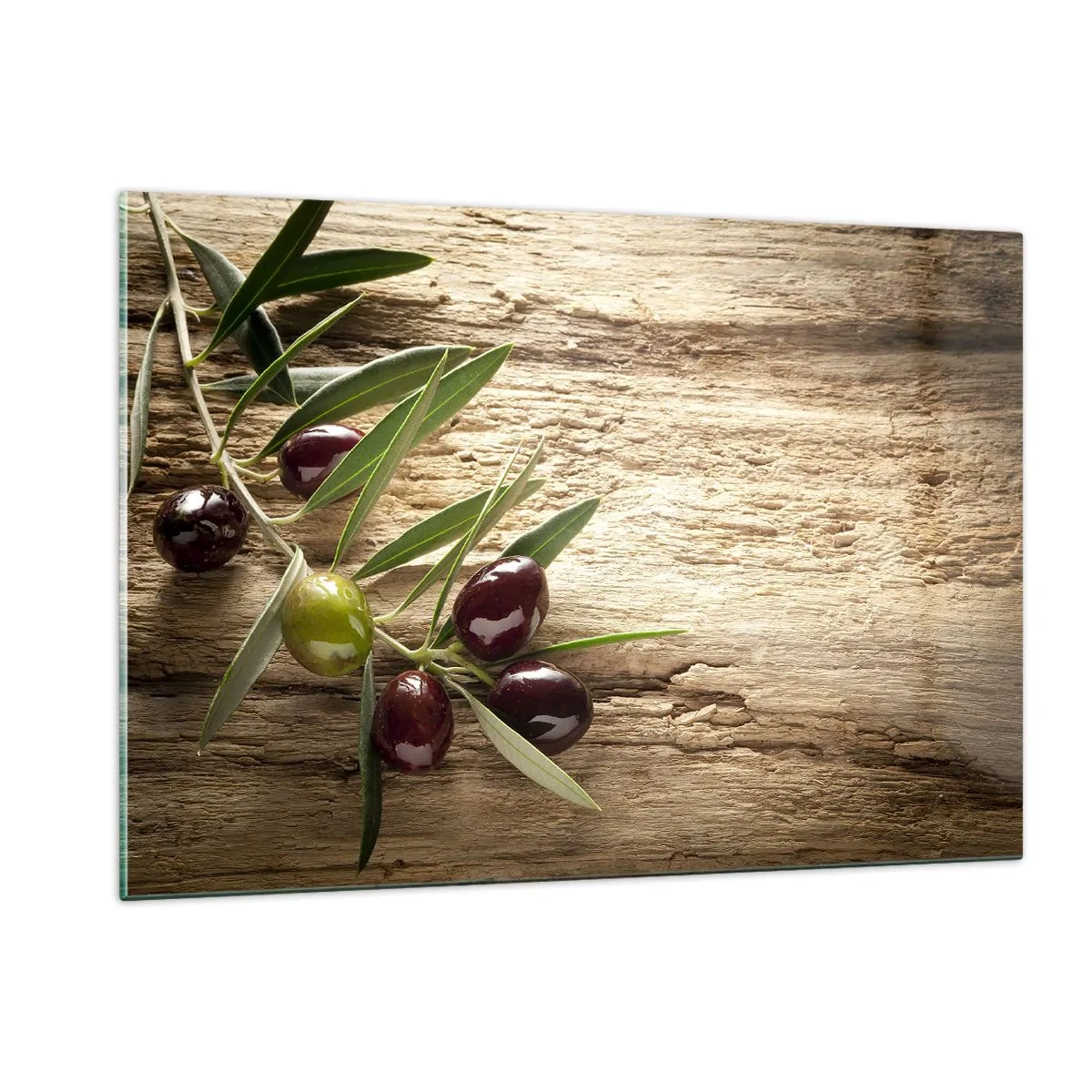 Quadro su vetro - Ramo d'ulivo su uno sfondo di legno - 120x80cm - Direttamente dalla natura - Decorazione murale moderna per soggiorno e camera da letto ARTTOR
