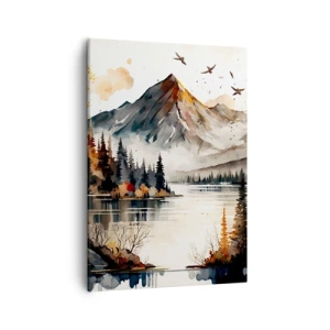 Quadro su tela - Stampe su Tela - Paesaggio montano autunnale con lago e alberi in acquerello - 50x70cm - L'autunno dorato sui monti - Decorazione murale moderna per soggiorno e camera da letto ARTTOR