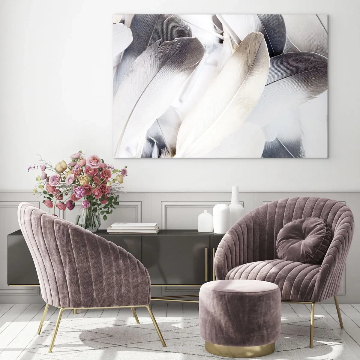 Quadro su vetro - Piume delicate e leggere nei toni del bianco e del grigio - 120x80cm - Quasi angeliche - Decorazione murale moderna per soggiorno e camera da letto ARTTOR