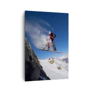 Quadro su tela - Stampe su Tela - Uno snowboarder salta da una roccia contro un paesaggio montano - 70x100cm - E diventi parte del panorama - Decorazione murale moderna per soggiorno e camera da letto ARTTOR