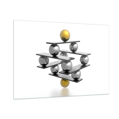 Quadro su vetro - Composizione geometrica con palline e piattaforme su sfondo bianco - 100x70cm - Equilibrio oro e argento - Decorazione murale moderna per soggiorno e camera da letto ARTTOR