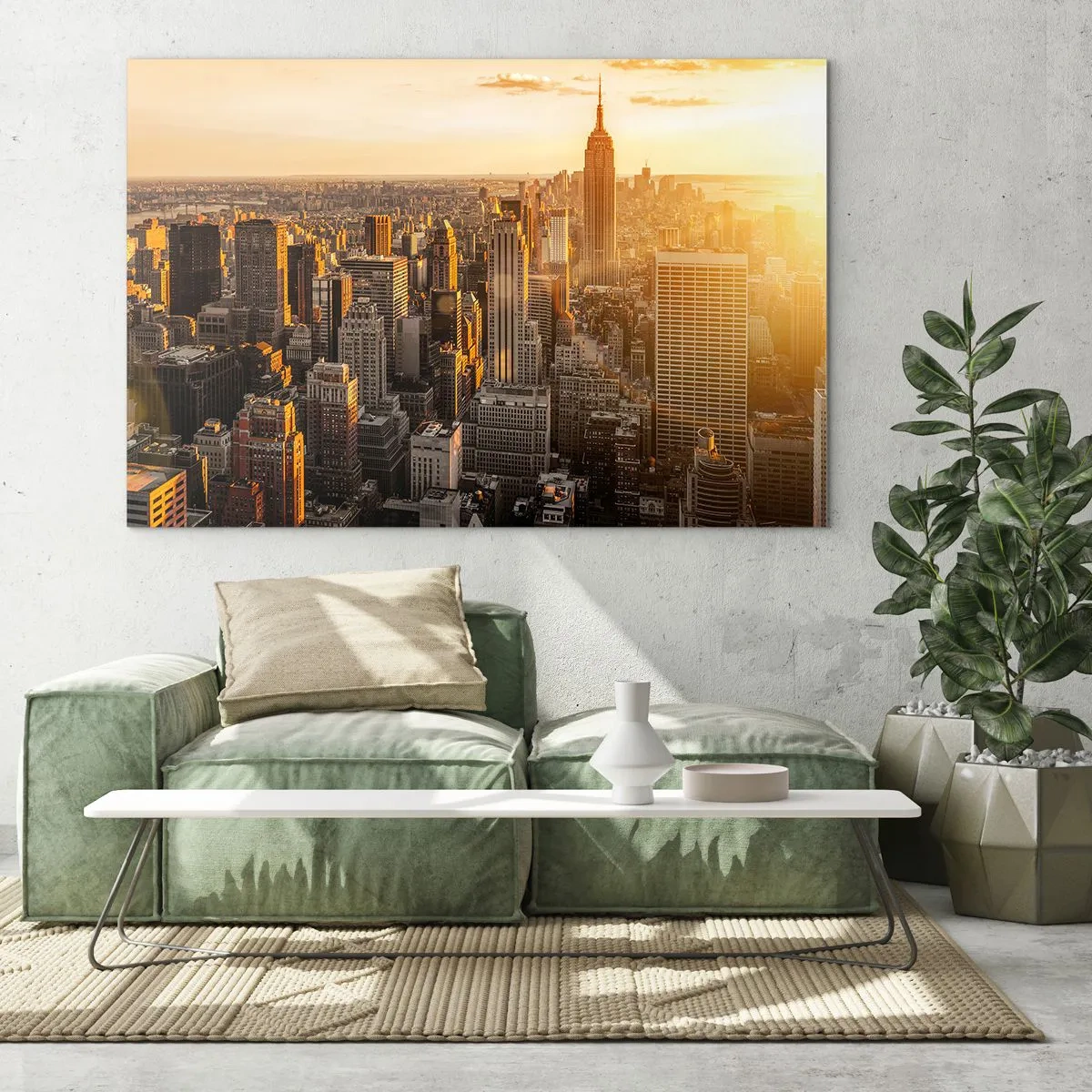 Quadro su vetro - Skyline di New York City al tramonto - 70x50cm - Crescere al sole - Decorazione murale moderna per soggiorno e camera da letto ARTTOR