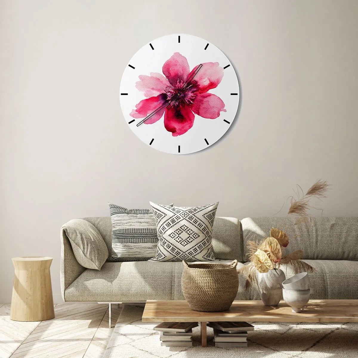 Orologio da parete - Orologio in Vetro - Composizione floreale rossa ad acquerello - 30x30cm - Bacio profumato al carminio  - Decorazione murale moderna per soggiorno, cucina e camera da letto ARTTOR