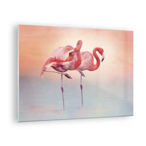 Quadro su vetro - Due fenicotteri in piedi nell'acqua con uno sfondo color pastello al tramonto - 70x50cm - Nel colore del sole al tramonto - Decorazione murale moderna per soggiorno e camera da letto ARTTOR