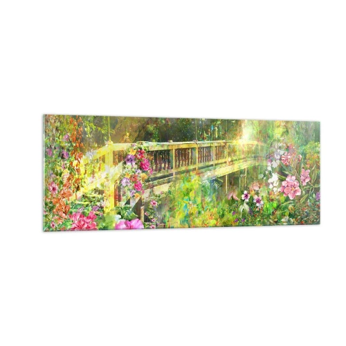 Quadro su vetro - Un ponte circondato da una vegetazione lussureggiante e fiori - 140x50cm - Il ponte dei sospiri primaverili - Decorazione murale moderna per soggiorno e camera da letto ARTTOR