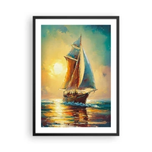 Poster in cornice nera - Una nave a vela sullo sfondo di un tramonto dorato - 50x70cm - A gonfie vele - Decorazione murale moderna per soggiorno e camera da letto ARTTOR