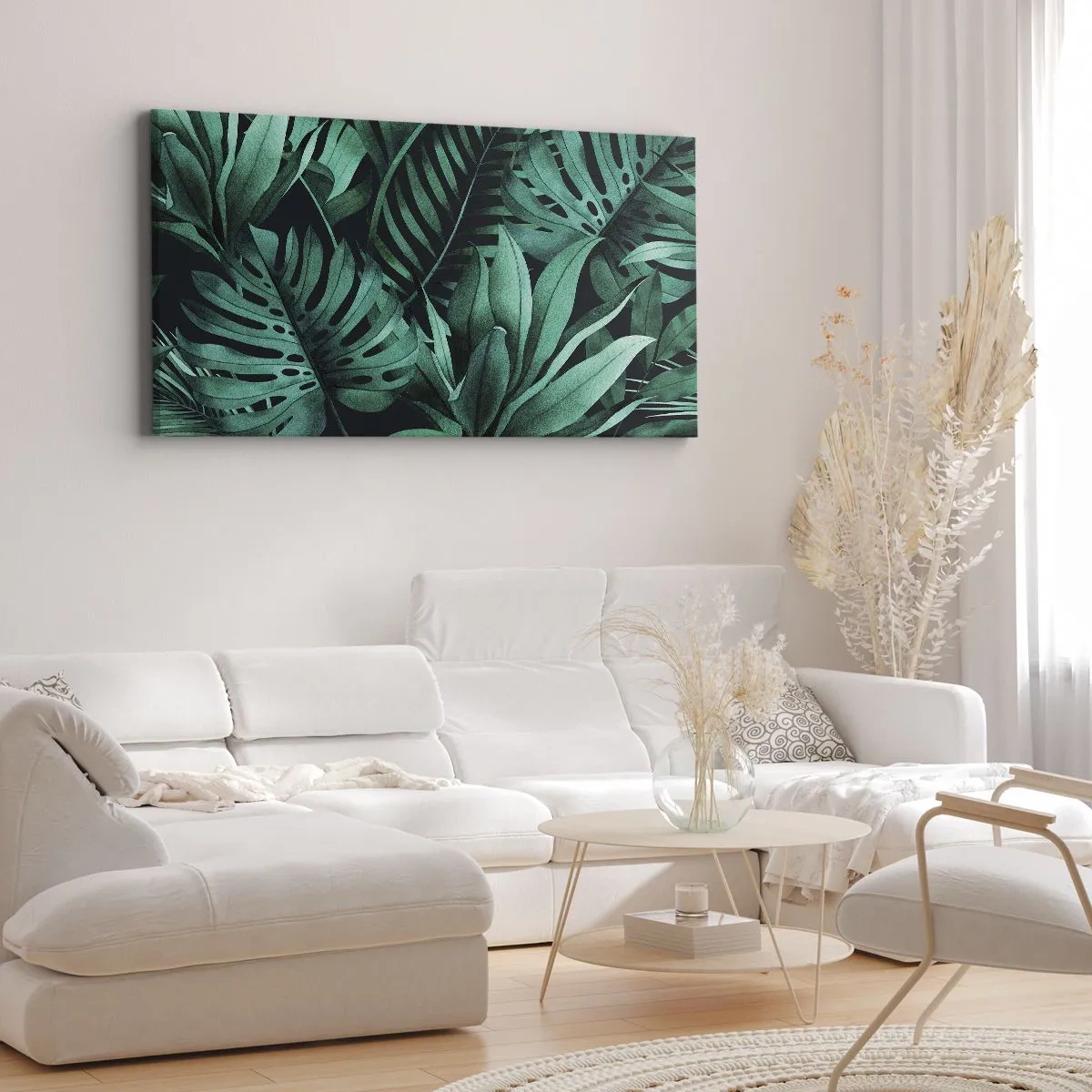 Quadro su tela - Stampe su Tela - Foglie tropicali in tonalità di verde intenso - 160x50cm - Dal profondo del verde tropicale - Decorazione murale moderna per soggiorno e camera da letto ARTTOR