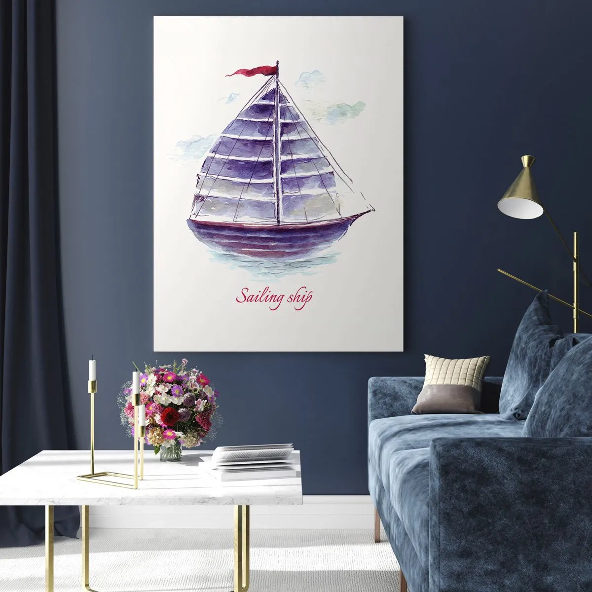 Quadro su vetro - Un dipinto ad acquerello di una barca a vela sull'acqua con una delicata iscrizione - 70x100cm - Gonfie vele e mare calmo - Decorazione murale moderna per soggiorno e camera da letto ARTTOR