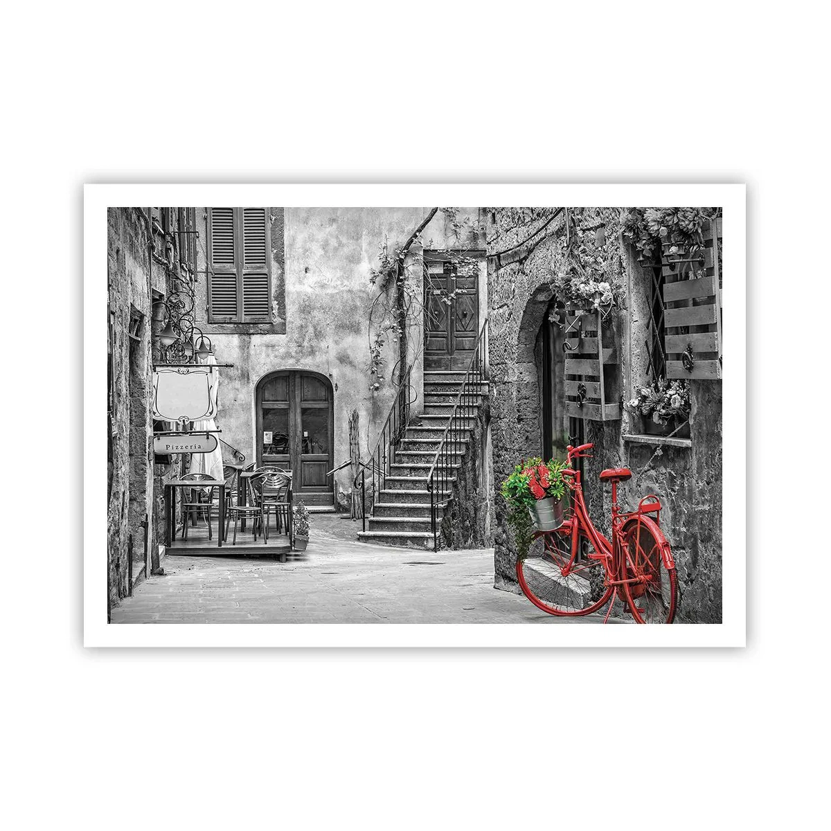 Poster - Una bicicletta rossa in una strada bianca e nera - 100x70cm - Angolo toscano - Decorazione murale moderna per soggiorno e camera da letto ARTTOR