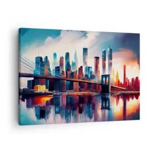Quadro su tela - Stampe su Tela - Panorama di New York City con ponte e riflesso nell'acqua - 70x50cm - Una New York spettacolare - Decorazione murale moderna per soggiorno e camera da letto ARTTOR