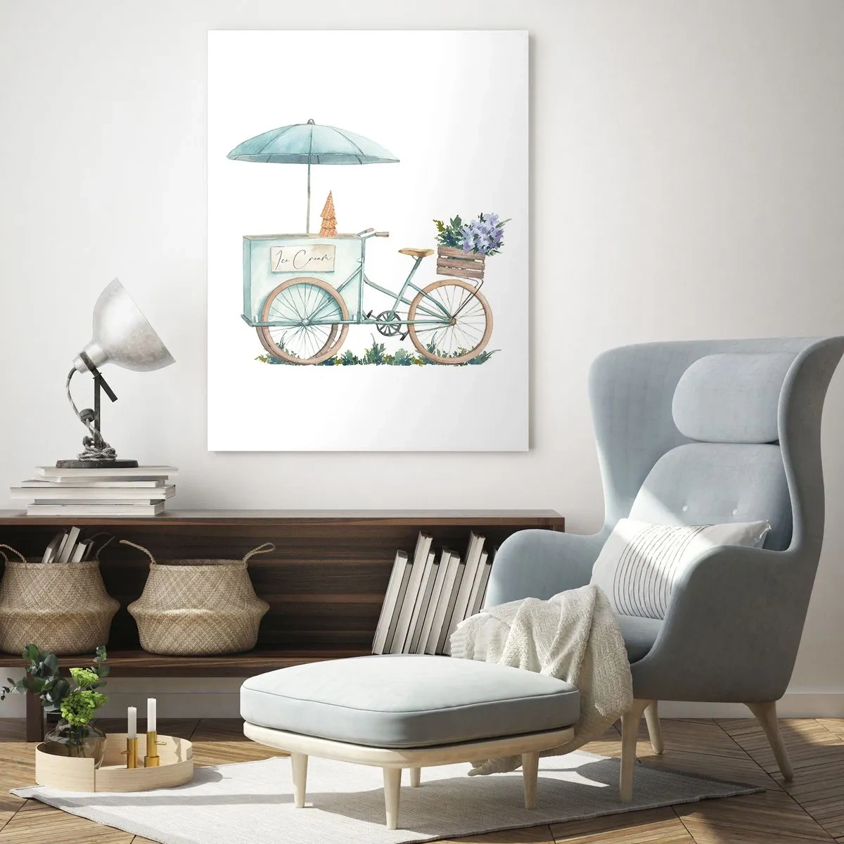Quadro su vetro - Una bicicletta con gelato e fiori sotto un ombrellone in delicati colori pastello - 80x120cm - Dolce ricordo d'estate - Decorazione murale moderna per soggiorno e camera da letto ARTTOR