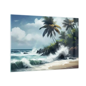 Quadro su vetro - Onde che si infrangono contro le rocce vicino alle palme su una spiaggia tropicale - 70x50cm - Sulla riva tropicale - Decorazione murale moderna per soggiorno e camera da letto ARTTOR