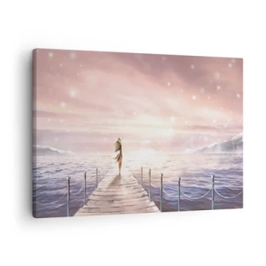 Quadro su tela - Stampe su Tela - Una donna su un molo in una magica cornice al tramonto - 70x50cm - Alla luce del sogno - Decorazione murale moderna per soggiorno e camera da letto ARTTOR