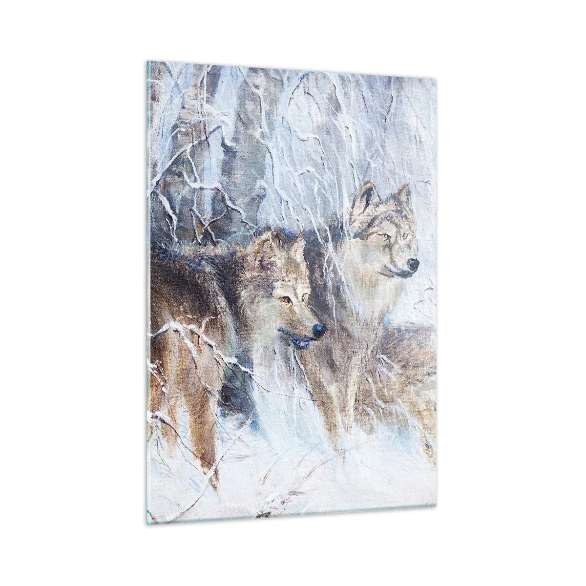 Quadro su vetro - Tre lupi in una foresta invernale circondata dalla neve - 50x70cm - Attenzione! In arrivo... - Decorazione murale moderna per soggiorno e camera da letto ARTTOR