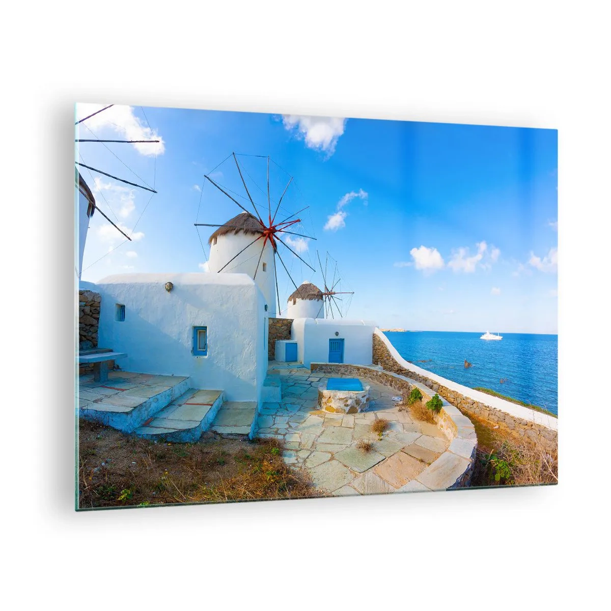 Quadro su vetro - Mulini a vento sulla costa dell'Egeo - 70x50cm - Vento azzurro sul mare - Decorazione murale moderna per soggiorno e camera da letto ARTTOR