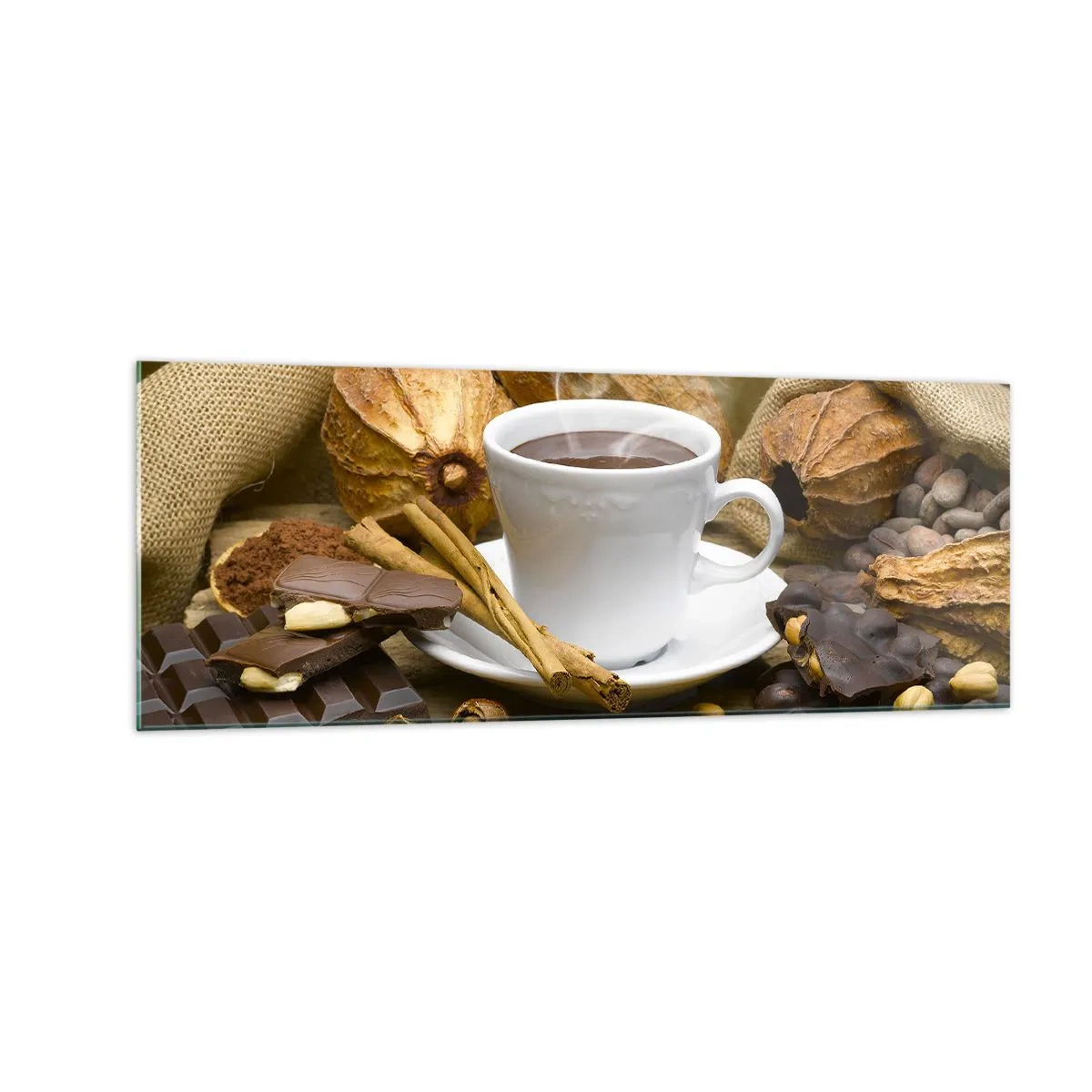 Quadro su vetro - Una tazza di cioccolata calda circondata da cacao e cannella - 140x50cm - Per i cercatori di emozioni - Decorazione murale moderna per soggiorno e camera da letto ARTTOR