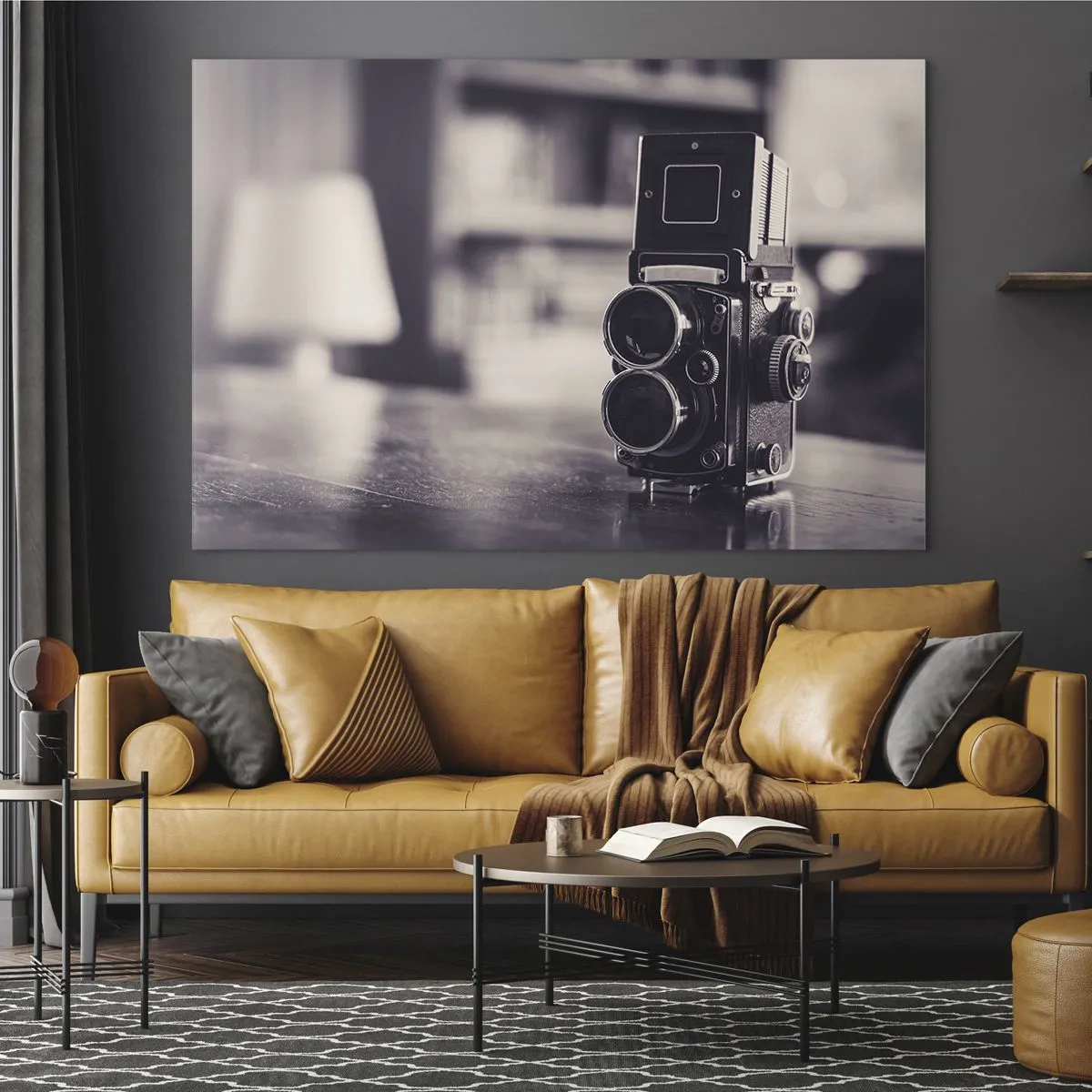 Quadro su vetro - Fotografia in bianco e nero di una macchina fotografica antica - 120x80cm - La magia delle vecchie fotografie - Decorazione murale moderna per soggiorno e camera da letto ARTTOR