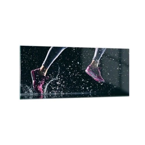 Quadro su vetro - Uno scatto dinamico di una corsa sotto la pioggia su uno sfondo nero - 120x50cm - Quanta forza nelle gambe - Decorazione murale moderna per soggiorno e camera da letto ARTTOR