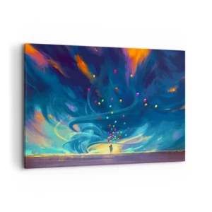 Quadro su tela - Stampe su Tela - Una figura con palloncini su uno sfondo di nuvole colorate e vorticose - 120x80cm - Sul vento blu - Decorazione murale moderna per soggiorno e camera da letto ARTTOR