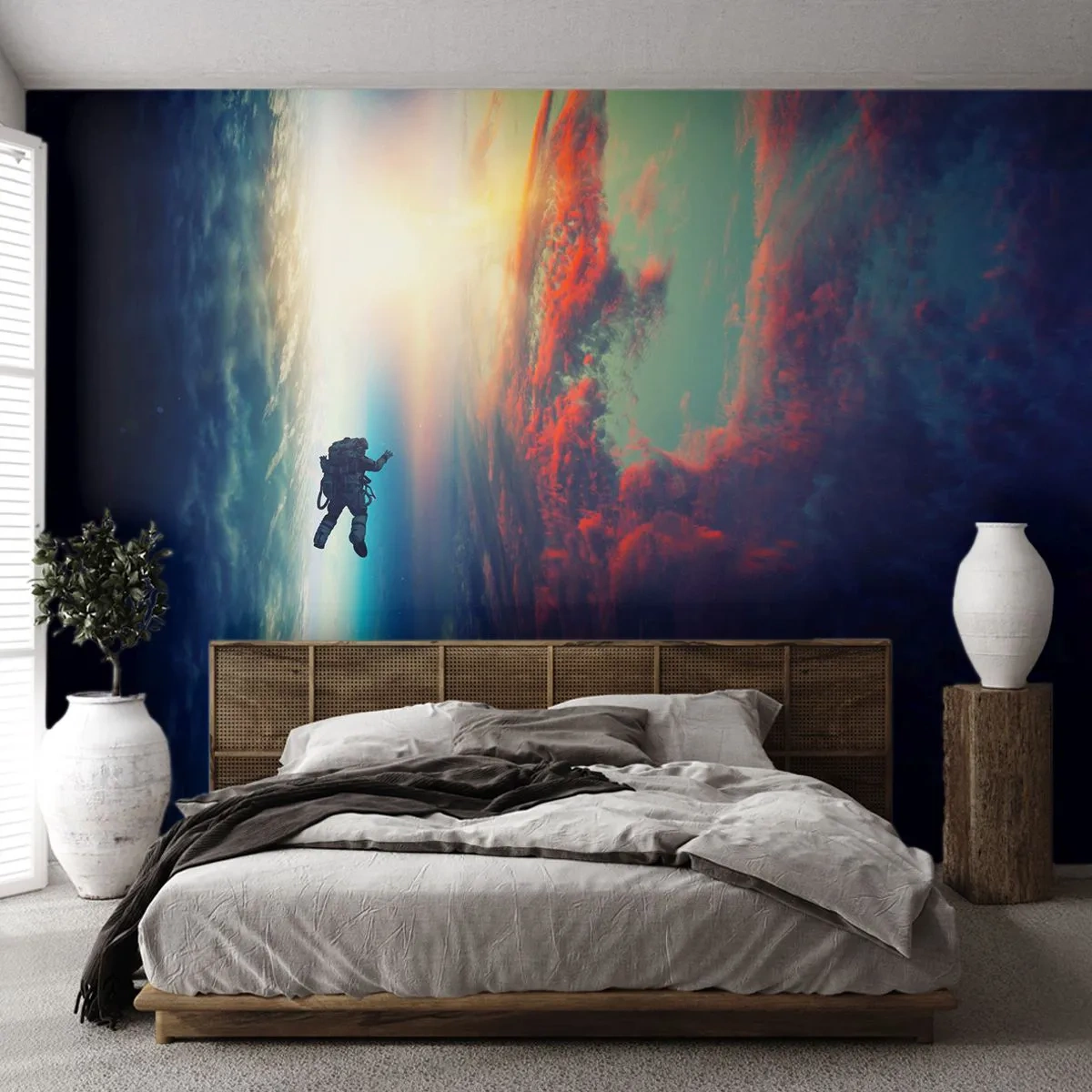 Fotomurali Premium Sand - Un astronauta che fluttua nello spazio sopra la Terra - 100x70cm - Affrontando l'universo - Decorazione murale moderna per soggiorno e camera da letto ARTTOR