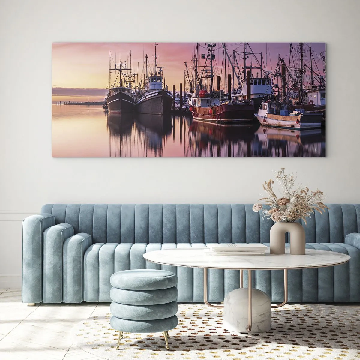 Quadro su vetro - Barche da pesca nel porto al tramonto - 160x50cm - Prima del giorno successivo - Decorazione murale moderna per soggiorno e camera da letto ARTTOR