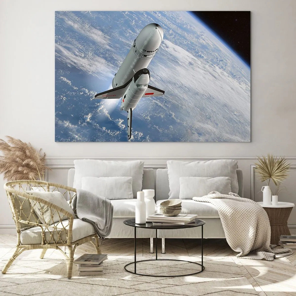 Quadro su vetro - Uno space shuttle decolla nello spazio con la Terra sullo sfondo. - 120x80cm - Ascensione cosmica - Decorazione murale moderna per soggiorno e camera da letto ARTTOR