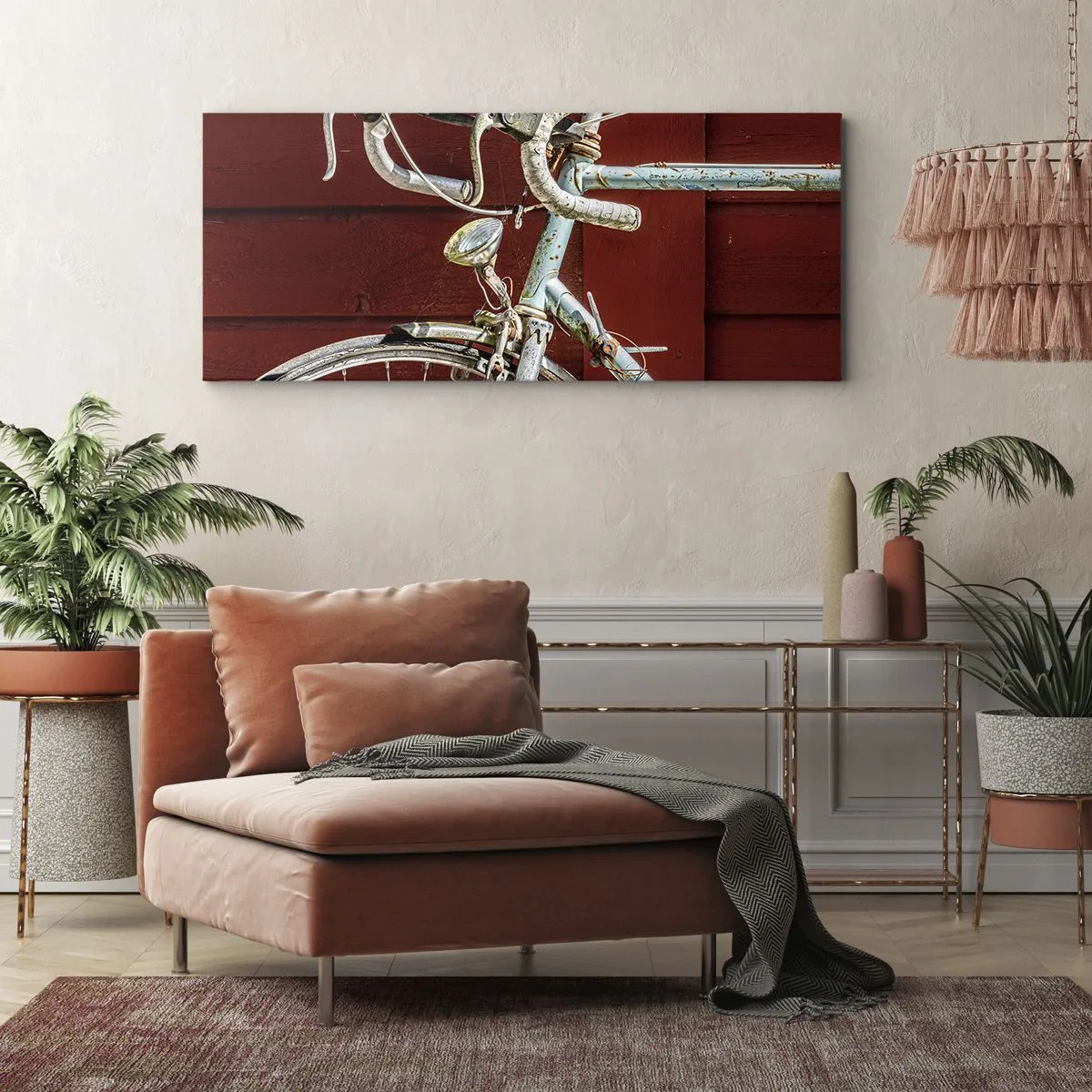 Quadro su tela - Stampe su Tela - Una bicicletta d'epoca contro un muro di legno rosso - 120x50cm - Creata per la vittoria - Decorazione murale moderna per soggiorno e camera da letto ARTTOR