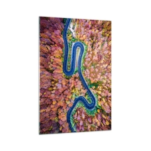 Quadro su vetro - Una strada tortuosa in una foresta autunnale vista a volo d'uccello - 70x100cm - Via tortuosa attraverso il bosco - Decorazione murale moderna per soggiorno e camera da letto ARTTOR