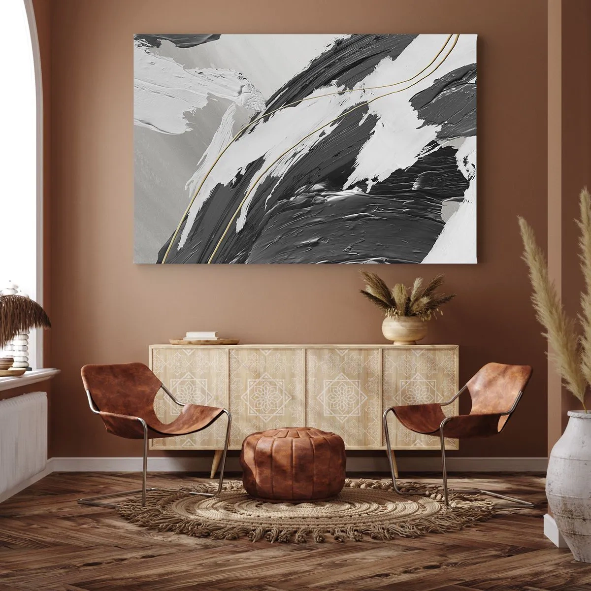 Quadro su tela - Stampe su Tela - Pennellate di vernice bianca e nera con un sottile accento dorato - 120x80cm - Astrazione con sfarzo - Decorazione murale moderna per soggiorno e camera da letto ARTTOR