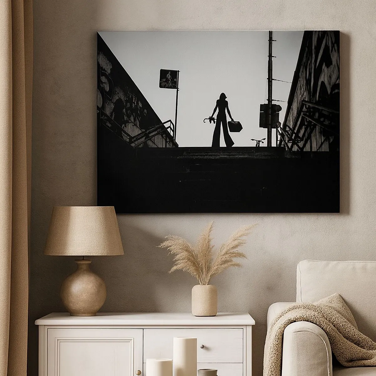 Quadro su tela - Stampe su Tela - Una figura femminile sulle scale in bianco e nero con un'atmosfera dinamica - 70x50cm - Gita cittadina - Decorazione murale moderna per soggiorno e camera da letto ARTTOR