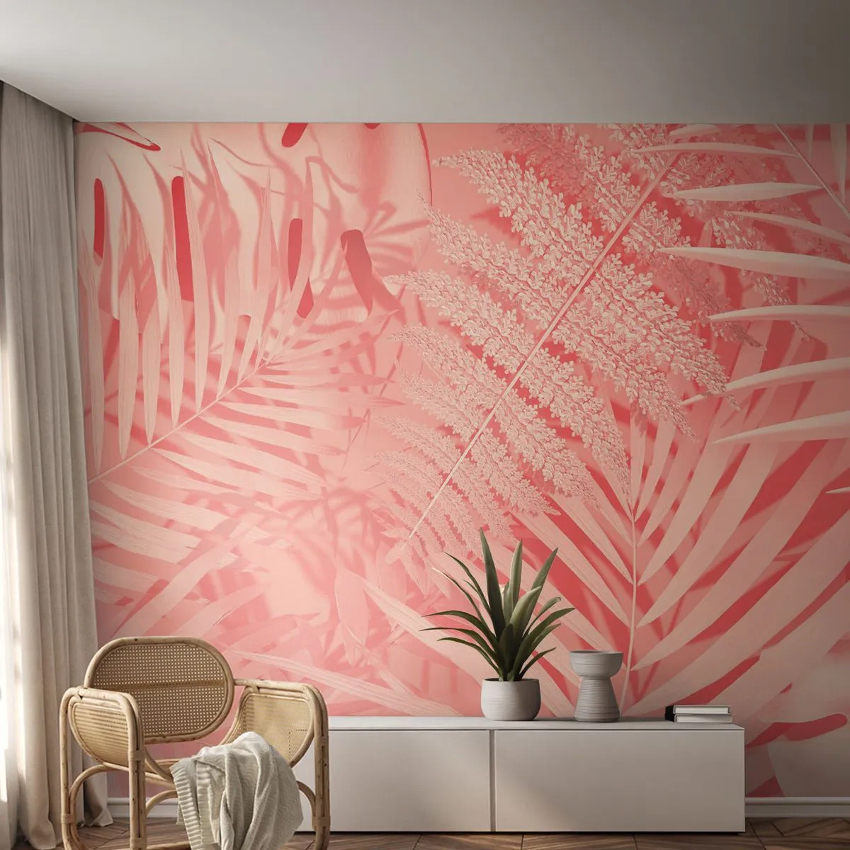 Fotomurali Premium Canvas - Concetto rosa - Astrazione, Foglia di palma, Grafica - 250x175 cm