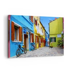 Quadro su tela - Stampe su Tela - Una strada colorata con biciclette tra edifici pastello - 100x70cm - Un dolce angolo color pastello - Decorazione murale moderna per soggiorno e camera da letto ARTTOR